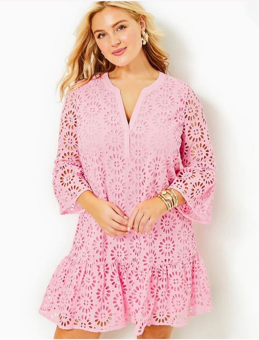 Lilly Pulitzer Peony Pink Bekah Three Quarter Eyelet Tunic Mini Dress Large